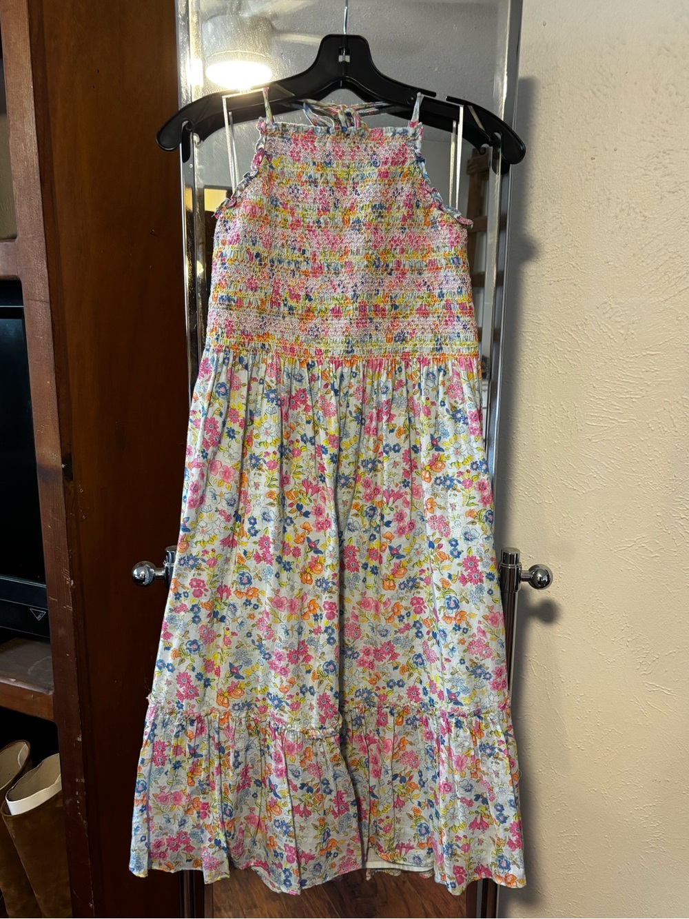 LoveShackFancy Floral Smocked Midi Dress — Pink, Yellow, Blue
